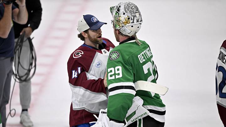May 3, 2025; Dallas, Texas, USA; Colorado Avalanche goaltender Scott Wedgewood (41) shakes hands with Dallas Stars goaltender Jake Oettinger (29) after the Stars defeats the Avalanche in game seven of the first round of the 2025 Stanley Cup Playoffs at American Airlines Center. Mandatory Credit: Jerome Miron-Imagn Images