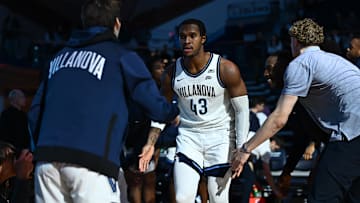 Nov 19, 2024; Villanova, Pennsylvania, USA; Villanova Wildcats forward Eric Dixon (43) is introduced before the game against the Penn Quakers at William B. Finneran Pavilion. Mandatory Credit: Kyle Ross-Imagn Images