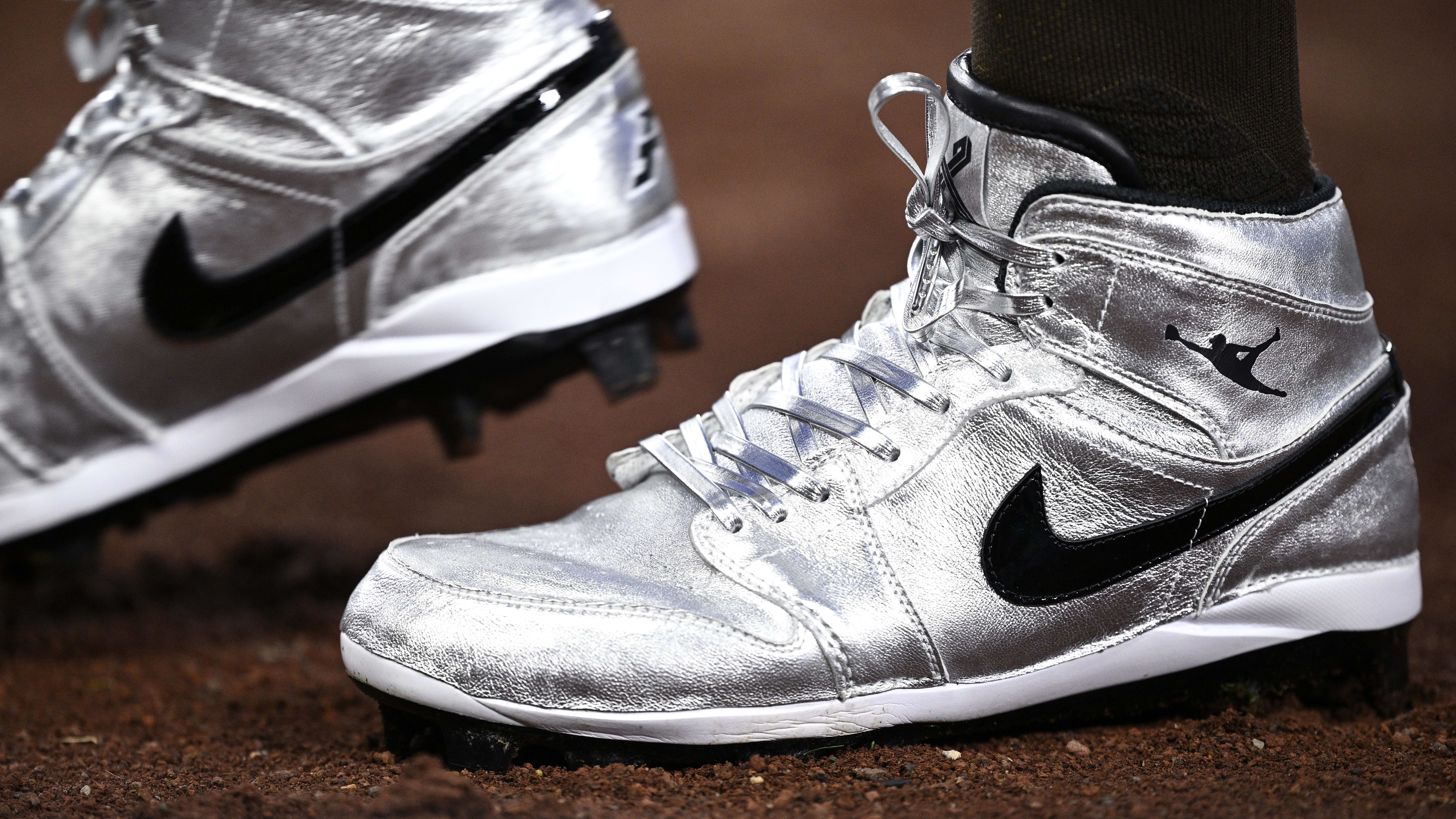 San Diego Padres outfielder Fernando Tatis Jr.'s silver and black Air Jordan cleats.