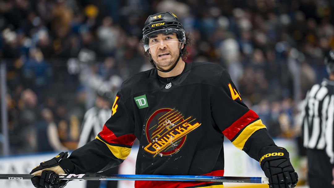 Jan 3, 2026; Vancouver, British Columbia, CAN; Vancouver Canucks forward Kiefer Sherwood (44) reacts to the loss against the Boston Bruins in overtime at Rogers Arena. Mandatory Credit: Bob Frid-Imagn Images