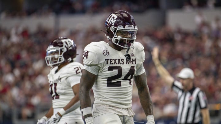 Sep 30, 2023; Arlington, Texas, USA; Texas A&M Aggies linebacker Chris Russell Jr. (24) In action during the game between the Texas A&M Aggies and the Arkansas Razorbacks at AT&T Stadium. Mandatory Credit: Jerome Miron-USA TODAY Sports