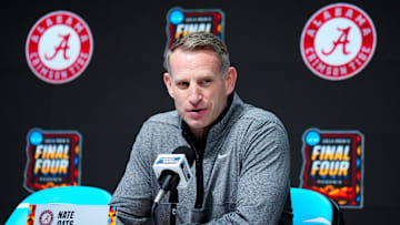 Alabama basketball coach Nate Oats speaks at a press conference prior to the Final Four at State Farm Stadium in Glendale on April 4, 2024.
