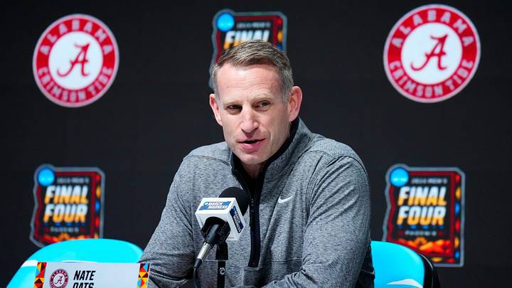 Alabama basketball coach Nate Oats speaks at a press conference prior to the Final Four at State Farm Stadium in Glendale on April 4, 2024.