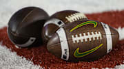 General view of Oregon Ducks footballs during warmups