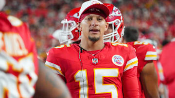 Aug 22, 2025; Kansas City, Missouri, USA; Kansas City Chiefs quarterback Patrick Mahomes (15) on the sidelines against the Chicago Bears during the first half of the game at GEHA Field at Arrowhead Stadium. Mandatory Credit: Denny Medley-Imagn Images