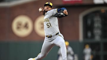 Apr 23, 2025; San Francisco, California, USA; Milwaukee Brewers starting pitcher Freddy Peralta (51) throws against the San Francisco Giants in the first inning at Oracle Park. Mandatory Credit: Eakin Howard-Imagn Images