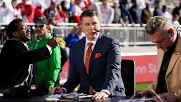 Rece Davis prepares to broadcast from the field on the ESPN College Gameday set prior to the NCAA football game between the Penn State Nittany Lions and the Ohio State Buckeyes at Beaver Stadium in University Park, Pa. on Saturday, Nov. 2, 2024.