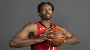 Sep 29, 2025; Houston, TX, USA;  Houston Rockets forward Isaiah Crawford (27) poses for a picture during Houston Rockets media day at Toyota Center. Mandatory Credit: Troy Taormina-Imagn Images