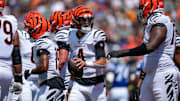 Cincinnati Bengals quarterback Desmond Ridder (4) walks off after running in a touchdown in the second quarter of the NFL Preseason Week 3 game between the Cincinnati Bengals and the Indianapolis Colts at Paycor Stadium in Cincinnati on Saturday, Aug. 23, 2025. The Colts led 24-7 at halftime.