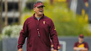 ASU defensive coordinator Brian Ward talks to his defense during a spring practice at Kajikawa Practice Fields in Tempe on April 24, 2024.