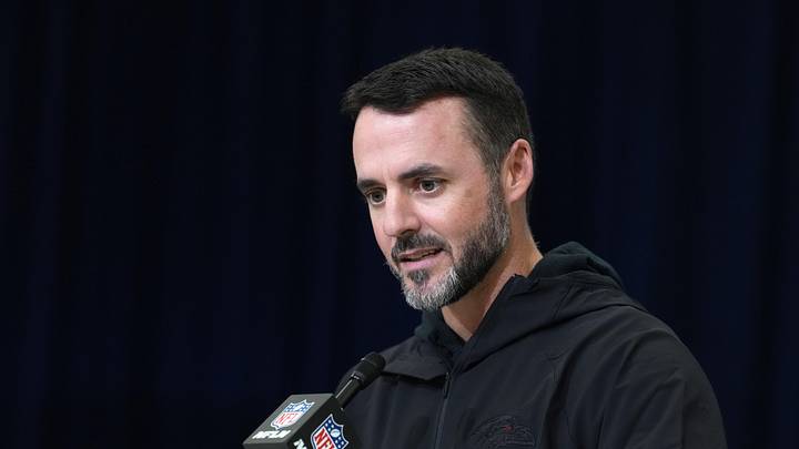 Feb 24, 2026; Indianapolis, IN, USA; Baltimore Ravens coach Jesse Minter speaks at the NFL Scouting Combine at the Indiana Convention Center. Mandatory Credit: Kirby Lee-Imagn Images