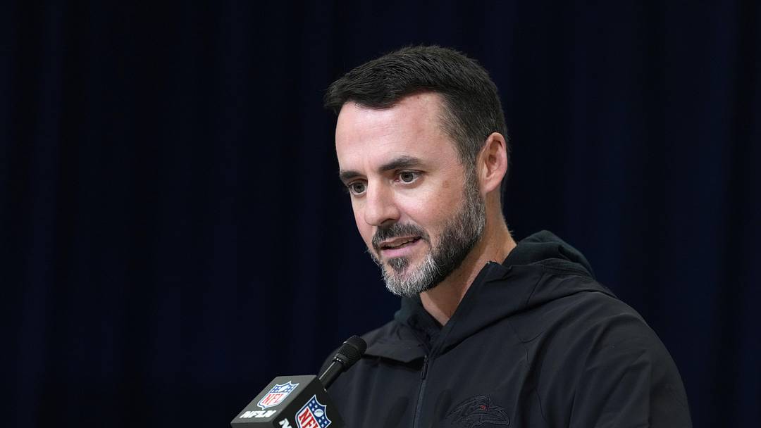 Feb 24, 2026; Indianapolis, IN, USA; Baltimore Ravens coach Jesse Minter speaks at the NFL Scouting Combine at the Indiana Convention Center. Mandatory Credit: Kirby Lee-Imagn Images