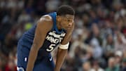 Nov 10, 2024; Minneapolis, Minnesota, USA; Minnesota Timberwolves guard Anthony Edwards (5) looks on against the Miami Heat in the first half at Target Center. Mandatory Credit: Jesse Johnson-Imagn Images