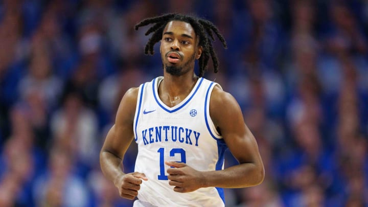 Feb 10, 2024; Lexington, Kentucky, USA; Kentucky Wildcats guard Antonio Reeves (12) runs down the court during the first half against the Gonzaga Bulldogs at Rupp Arena at Central Bank Center. Mandatory Credit: Jordan Prather-USA TODAY Sports