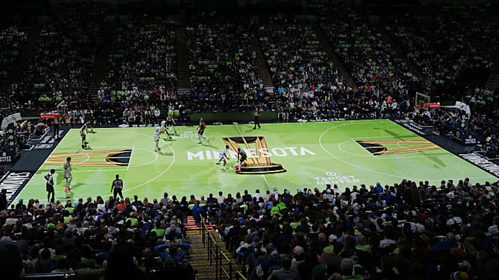 The Wolves’ neon green NBA Cup court made its debut