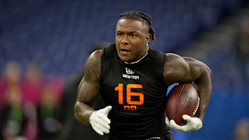 Mar 1, 2025; Indianapolis, IN, USA; Iowa running back Kaleb Johnson (RB16) during the 2025 NFL Combine at Lucas Oil Stadium. Mandatory Credit: Kirby Lee-Imagn Images