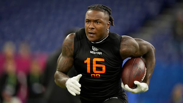 Iowa running back Kaleb Johnson (RB16) during the 2025 NFL Combine