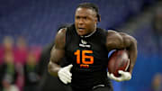 Mar 1, 2025; Indianapolis, IN, USA; Iowa running back Kaleb Johnson (RB16) during the 2025 NFL Combine at Lucas Oil Stadium. Mandatory Credit: Kirby Lee-Imagn Images