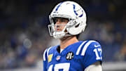 Oct 26, 2025; Indianapolis, Indiana, USA;  Indianapolis Colts quarterback Daniel Jones (17) looks on before the game against the Tennessee Titans at Lucas Oil Stadium. 