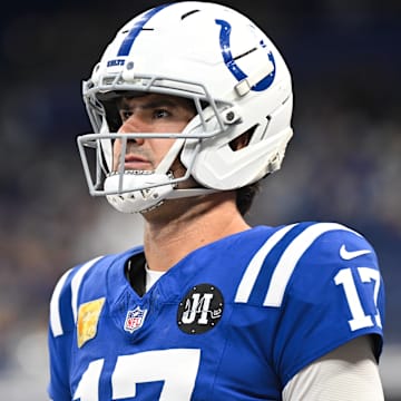 Oct 26, 2025; Indianapolis, Indiana, USA;  Indianapolis Colts quarterback Daniel Jones (17) looks on before the game against the Tennessee Titans at Lucas Oil Stadium. Mandatory Credit: Robert Goddin-Imagn Images