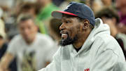 Aug 9, 2024; Paris, France; Kevin Durant watches during a women's basketball semifinal game during the Paris 2024 Olympic Summer Games at Accor Arena. Mandatory Credit: Kyle Terada-Imagn Images