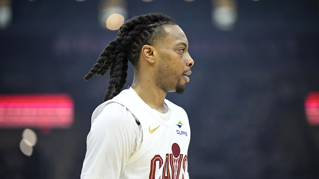 Apr 20, 2025; Cleveland, Ohio, USA; Cleveland Cavaliers guard Darius Garland (10) stands on the court in the first quarter against the Miami Heat at Rocket Arena. Mandatory Credit: David Richard-Imagn Images