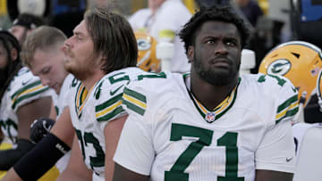Green Bay Packers offensive tackle Anthony Belton (71) is shown during the fourth quarter of their preseason game Saturday, August 23, 2025 at Lambeau Field in Green Bay, Wisconsin. The Green Bay Packers beat the Seattle Seahawks 20-7.