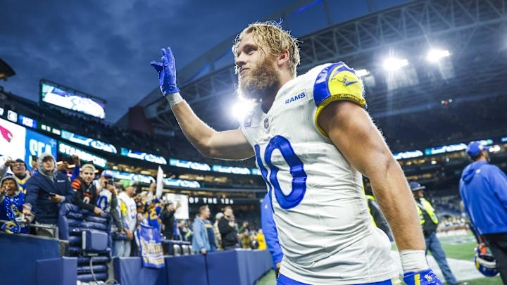 Nov 3, 2024; Seattle, Washington, USA; Los Angeles Rams wide receiver Cooper Kupp (10) waves to fans following an  overtime victory against the Seattle Seahawks at Lumen Field. Mandatory Credit: Joe Nicholson-Imagn Images