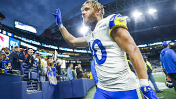 Los Angeles Rams wide receiver Cooper Kupp (10) waves to fans following an overtime victory against the Seattle Seahawks at Lumen Field.
