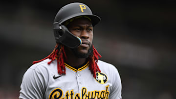 Jul 30, 2025; San Francisco, California, USA; Pittsburgh Pirates center fielder Oneil Cruz (15) looks on after striking out against the San Francisco Giants in the fourth inning at Oracle Park. Mandatory Credit: Eakin Howard-Imagn Images