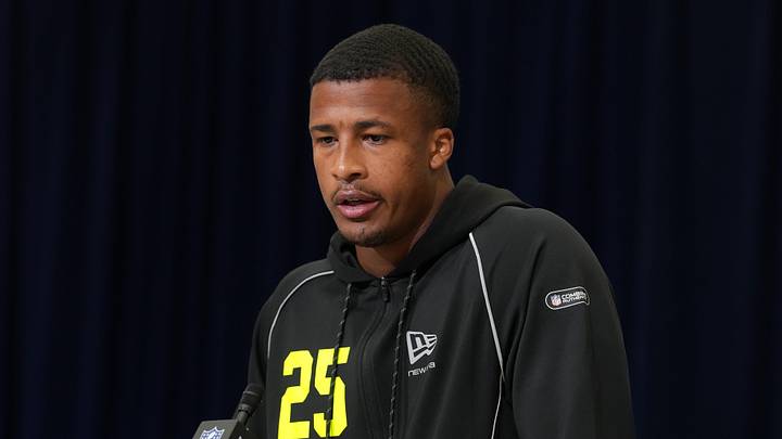 Feb 25, 2026; Indianapolis, IN, USA; Ohio State linebacker Sonny Styles (LB25) speaks during the NFL Scouting Combine at the Indiana Convention Center. Mandatory Credit: Kirby Lee-Imagn Images