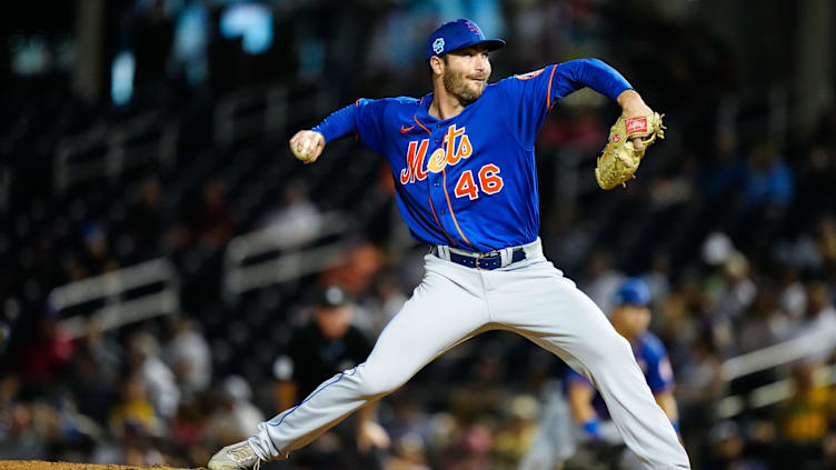 Mar 7, 2023; West Palm Beach, Florida, USA; New York Mets relief pitcher John Curtiss (46) throws a