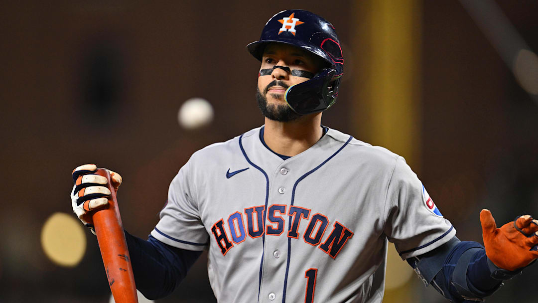 Apr 28, 2026; Baltimore, Maryland, USA;  Houston Astros infielder Carlos Correa (1) reacts after striking out in the seventh inning against the Baltimore Orioles at Oriole Park at Camden Yards. Mandatory Credit: Jamie Sabau-Imagn Images