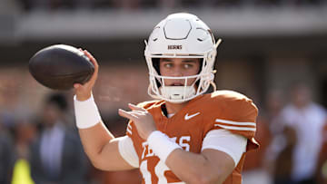 Nov 22, 2025; Austin, Texas, USA; Texas Longhorns quarterback Arch Manning (16) warms up before a game against the Arkansas Razorbacks at Darrell K Royal-Texas Memorial Stadium. Mandatory Credit: Scott Wachter-Imagn Images