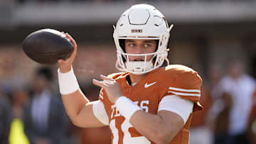 Nov 22, 2025; Austin, Texas, USA; Texas Longhorns quarterback Arch Manning (16) warms up before a game against the Arkansas Razorbacks at Darrell K Royal-Texas Memorial Stadium. Mandatory Credit: Scott Wachter-Imagn Images