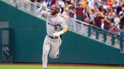 Jun 22, 2024; Omaha, NE, USA; Texas A&M Aggies third baseman Gavin Grahovac (9) celebrates after hitting a home run against the Tennessee Volunteers during the first inning at Charles Schwab Field Omaha. Mandatory Credit: Dylan Widger-USA TODAY Sports