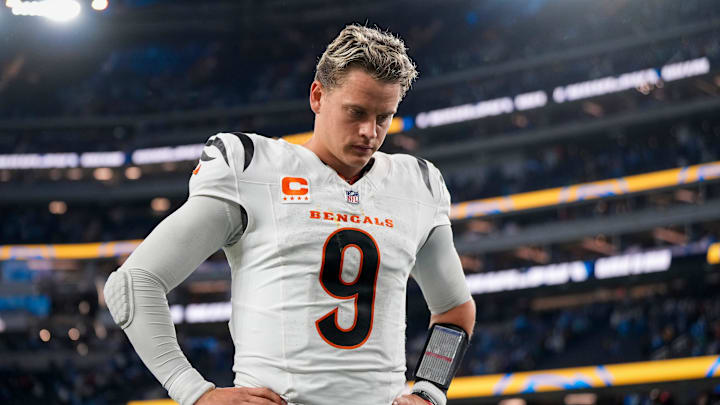 Cincinnati Bengals quarterback Joe Burrow (9) walks for the locker room after the fourth quarter of the NFL Week 11 game between the Los Angeles Chargers and the Cincinnati Bengals at SoFi Stadium in Inglewood, Calif., on Sunday, Nov. 17, 2024. The Chargers won 34-27. Cincinnati Bengals quarterback Joe Burrow (9) walks for the locker room after the fourth quarter of the NFL Week 11 game between the Los Angeles Chargers and the Cincinnati Bengals at SoFi Stadium in Inglewood, Calif., on Sunday, Nov. 17, 2024. The Chargers won 34-27.