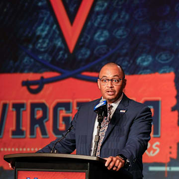 Jul 26, 2023; Charlotte, NC, USA;  Virginia head coach Tony Elliott answers questions from the media during the ACC 2023 Kickoff at The Westin Charlotte. Mandatory Credit: Jim Dedmon-Imagn Images