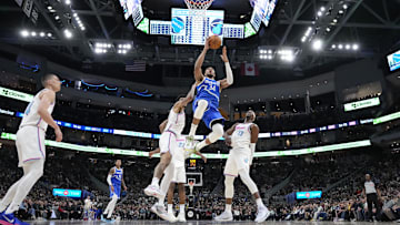 Feb 23, 2025; Milwaukee, Wisconsin, USA;  Milwaukee Bucks forward Giannis Antetokounmpo (34) shoots during the fourth quarter against the Miami Heat at Fiserv Forum. Mandatory Credit: Jeff Hanisch-Imagn Images