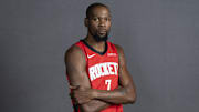Sep 29, 2025; Houston, TX, USA;  Houston Rockets forward Kevin Durant (7) poses for a picture during Houston Rockets media day at Toyota Center. Mandatory Credit: Troy Taormina-Imagn Images