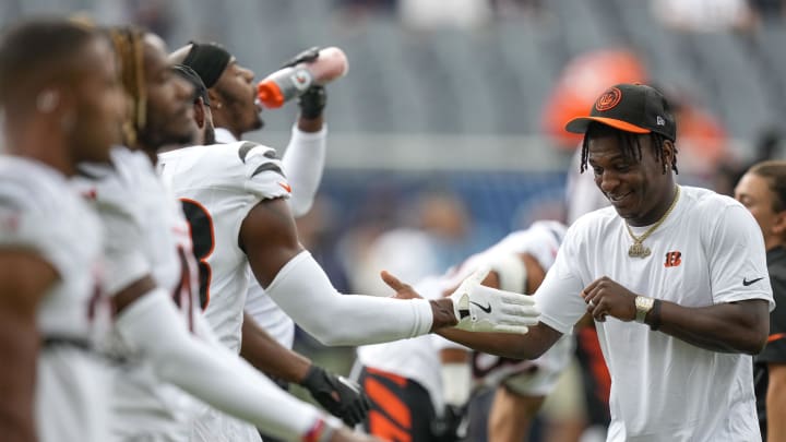 Aug 17, 2024; Chicago, Illinois, USA; Cincinnati Bengals cornerback Mike Hilton greets his teammates during warmups before the NFL Preseason Week 2 game between the Chicago Bears and the Cincinnati Bengals at Soldier Field. Mandatory Credit: Sam Greene-USA TODAY Sports