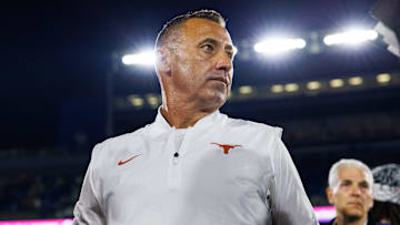 Oct 18, 2025; Lexington, Kentucky, USA; Texas Longhorns head coach Steve Sarkisian is interviewed by the media after the game against the Kentucky Wildcats at Kroger Field.