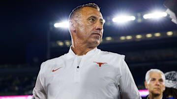 Oct 18, 2025; Lexington, Kentucky, USA; Texas Longhorns head coach Steve Sarkisian is interviewed by the media after the game against the Kentucky Wildcats at Kroger Field.