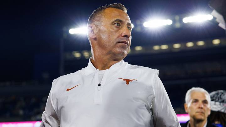 Oct 18, 2025; Lexington, Kentucky, USA; Texas Longhorns head coach Steve Sarkisian is interviewed by the media after the game against the Kentucky Wildcats at Kroger Field. Mandatory Credit: Jordan Prather-Imagn Images