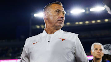 Texas Longhorns head coach Steve Sarkisian is interviewed by the media after the game against the Kentucky Wildcats at Kroger Field.