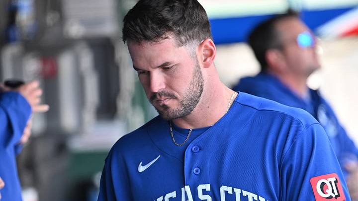 Apr 8, 2026; Cleveland, Ohio, USA; Kansas City Royals starting pitcher Cole Ragans (55) reacts in the dugout after being injured during the first inning against the Cleveland Guardians at Progressive Field. Mandatory Credit: Ken Blaze-Imagn Images