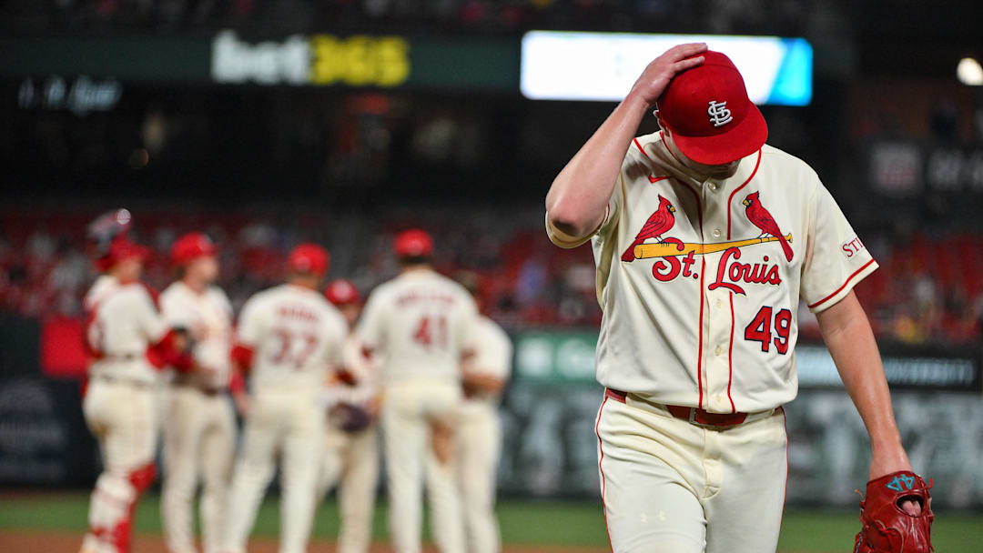 Apr 11, 2026; St. Louis, Missouri, USA; St. Louis Cardinals pitcher Matt Svanson (49) reacts as he walks off the field after he was removed from the game during the ninth inning against the Boston Red Sox at Busch Stadium. Mandatory Credit: Jeff Curry-Imagn Images Apr 11, 2026; St. Louis, Missouri, USA; St. Louis Cardinals pitcher Matt Svanson (49) reacts as he walks off the field after he was removed from the game during the ninth inning against the Boston Red Sox at Busch Stadium. Mandatory Credit: Jeff Curry-Imagn Images