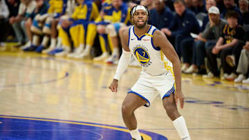 Apr 13, 2025; San Francisco, California, USA; Golden State Warriors guard Buddy Hield (7) watches the play against the LA Clippers during the second quarter at Chase Center. Mandatory Credit: Robert Edwards-Imagn Images