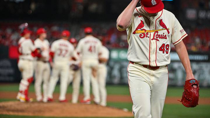 Apr 11, 2026; St. Louis, Missouri, USA; St. Louis Cardinals pitcher Matt Svanson (49) reacts as he walks off the field after he was removed from the game during the ninth inning against the Boston Red Sox at Busch Stadium. Mandatory Credit: Jeff Curry-Imagn Images