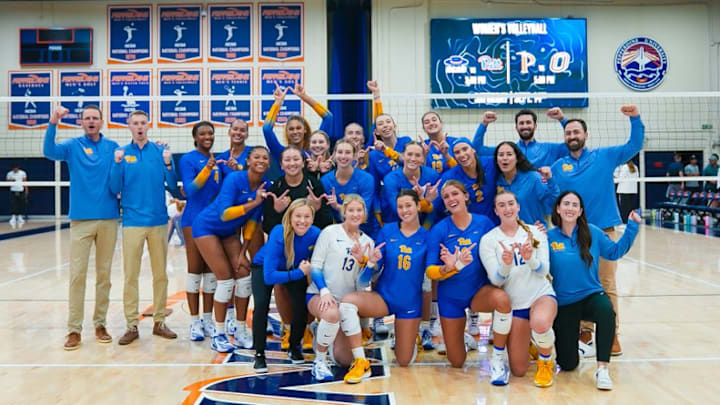 Pitt Volleyball celebrates their sweep over Pepperdine in Malibu, Calif. 